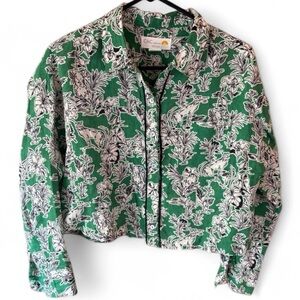 C&C California 100% Linen Green Tropical Jungle Print Button Up Shirt M